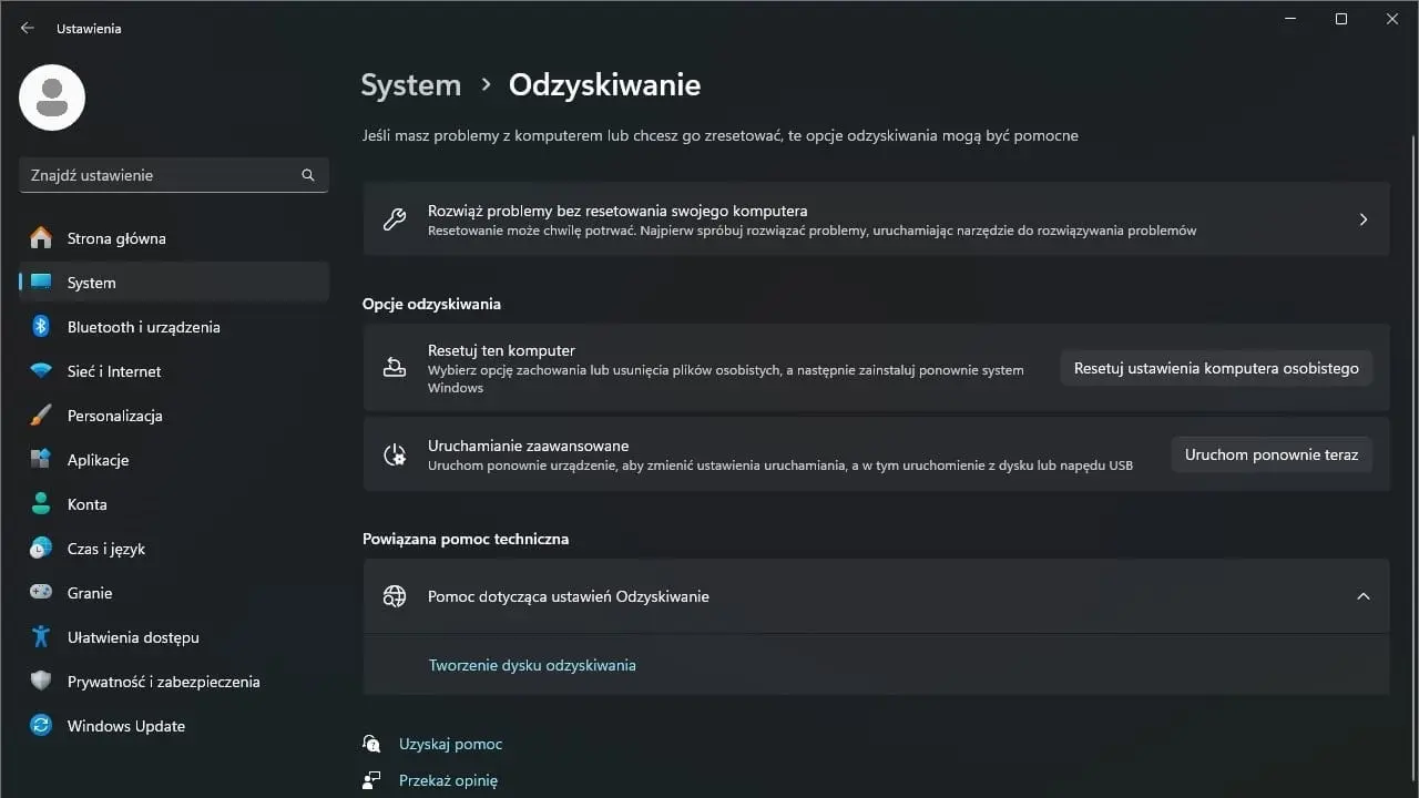 Ustawienia odzyskiwania sytemu Windows